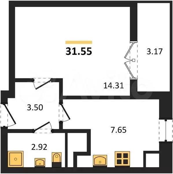 1-к. квартира, 31,6 м, 6/9 эт. - Фото 1