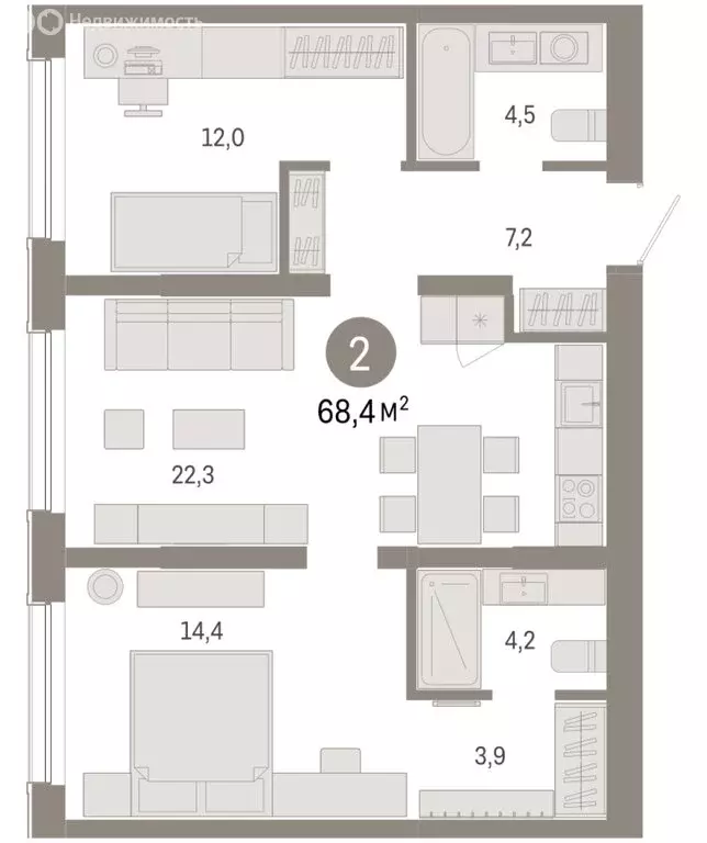 2-комнатная квартира: Новосибирск, Большевистская улица, с49 (68.43 м) - Фото 1