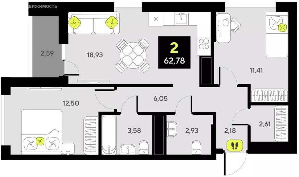 2-комнатная квартира: Тюмень, жилой комплекс Мотивы (62.78 м) - Фото 1