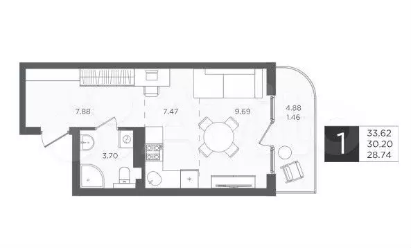 Квартира-студия, 33,6 м, 4/4 эт. - Фото 1