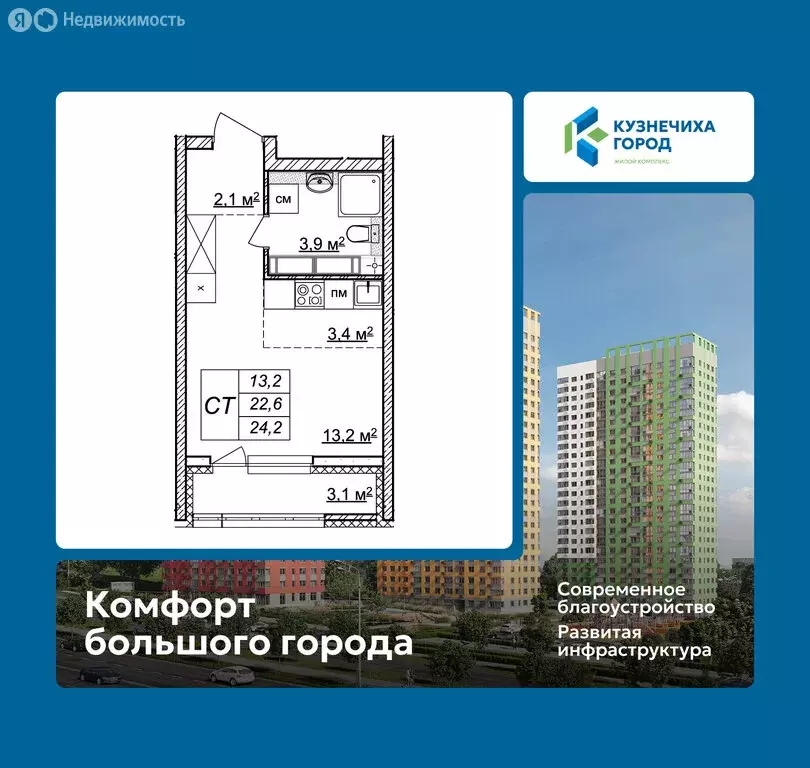 Квартира-студия: Нижний Новгород, ЖК Кузнечиха Город, 13 (24.2 м) - Фото 1