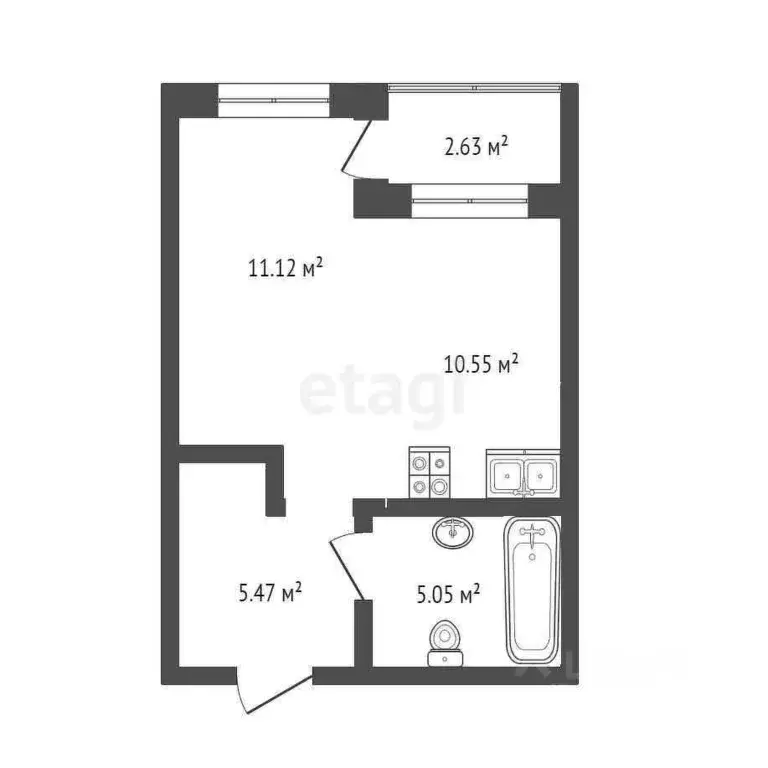 Студия Тюменская область, Тюмень ул. Василия Севергина, 2к1 (33.0 м) - Фото 1