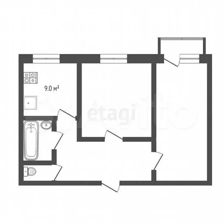 2-к. квартира, 43,6 м, 1/5 эт. - Фото 0