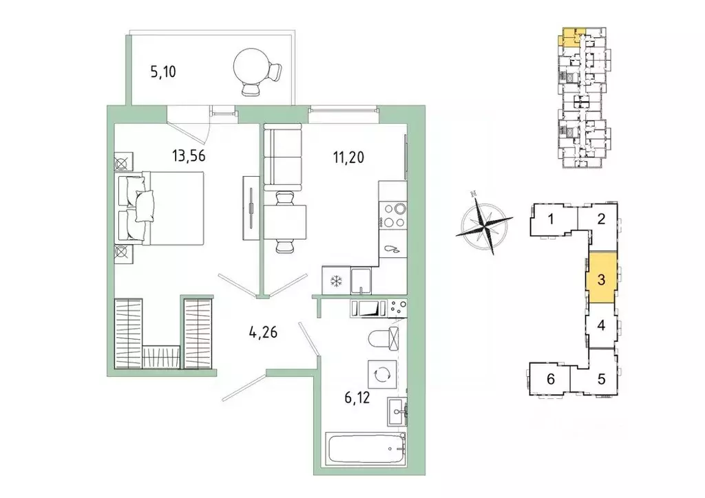 Квартира, 1 комната, 36.67 м - Фото 1