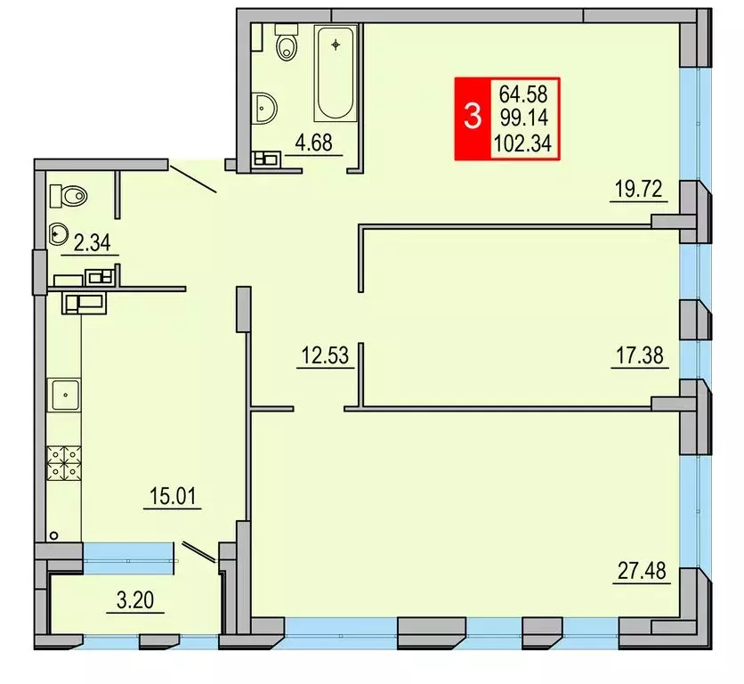 3-комнатная квартира: Тверь, Петербургское шоссе, 13к2 (102.34 м) - Фото 1