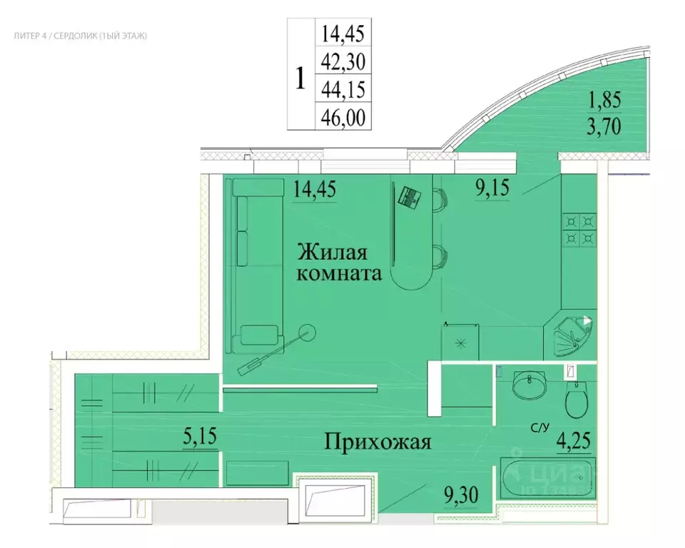 Студия Ивановская область, Иваново Самоцветы мкр,  (46.0 м) - Фото 0