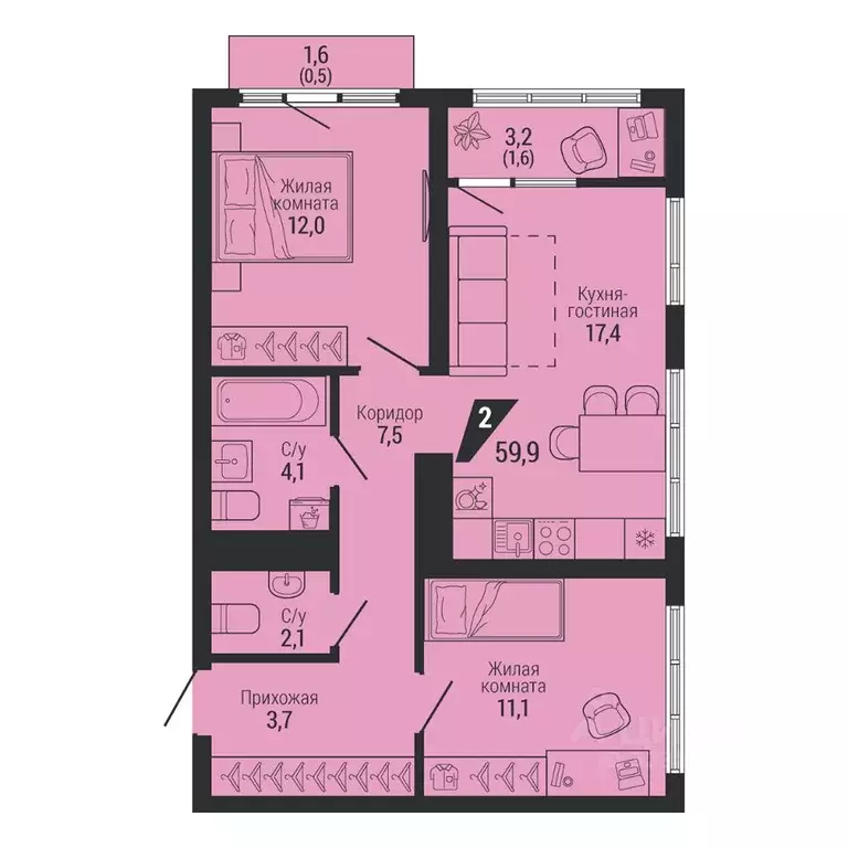 2-к кв. Свердловская область, Екатеринбург Вторчермет жилрайон,  (59.9 ... - Фото 2