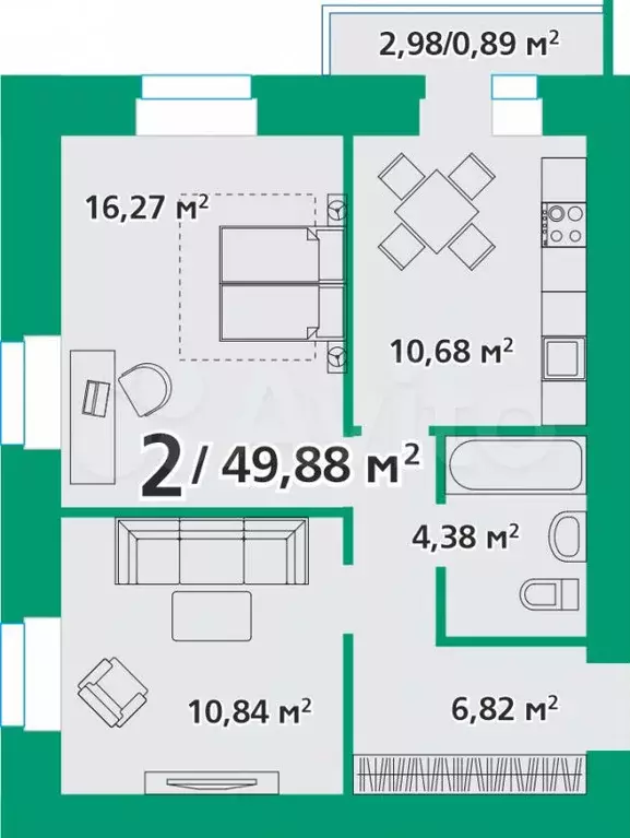 2-к. квартира, 49,9 м, 2/8 эт. - Фото 0