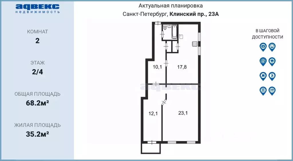 2-к кв. Санкт-Петербург Клинский просп., 23 (68.2 м) - Фото 1