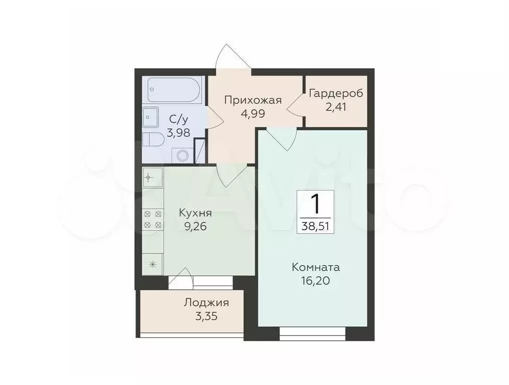 1-к. квартира, 38,5 м, 6/18 эт. - Фото 0