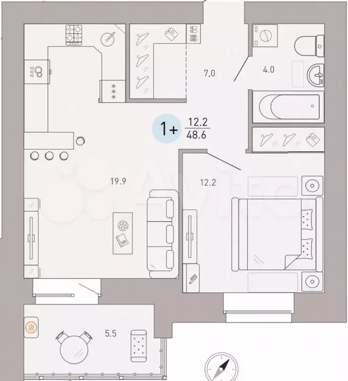 1-к. квартира, 48,6 м, 1/9 эт. - Фото 0
