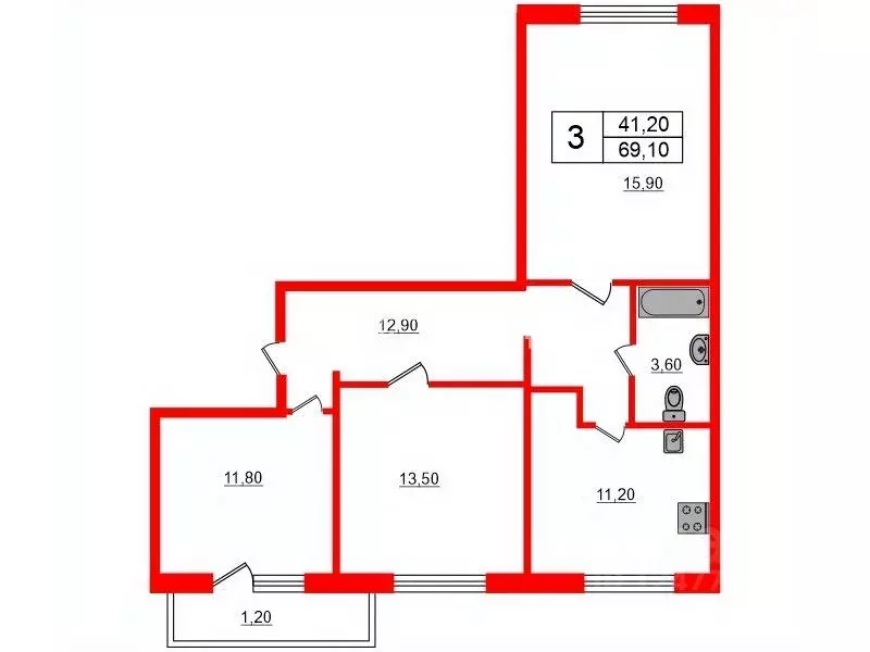 3-к кв. Санкт-Петербург Школьная ул., 88к2 (69.1 м) - Фото 1