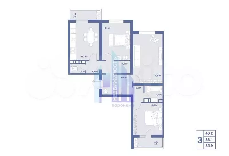 3-к. квартира, 85,6 м, 2/7 эт. - Фото 0