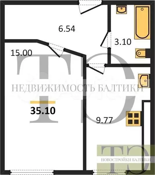 1-к. квартира, 35,1 м, 4/6 эт. - Фото 0