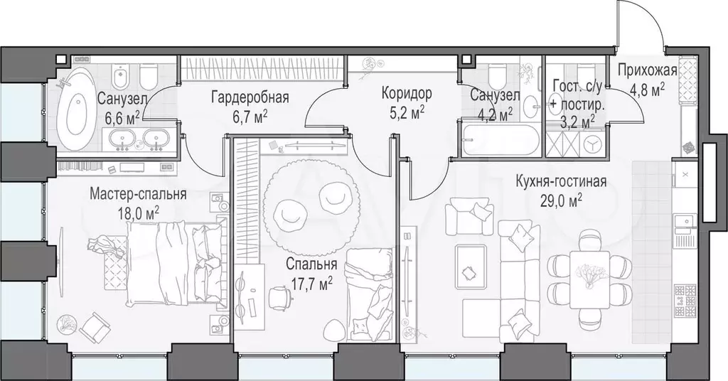 2-к. квартира, 94,7м, 5/7эт. - Фото 0