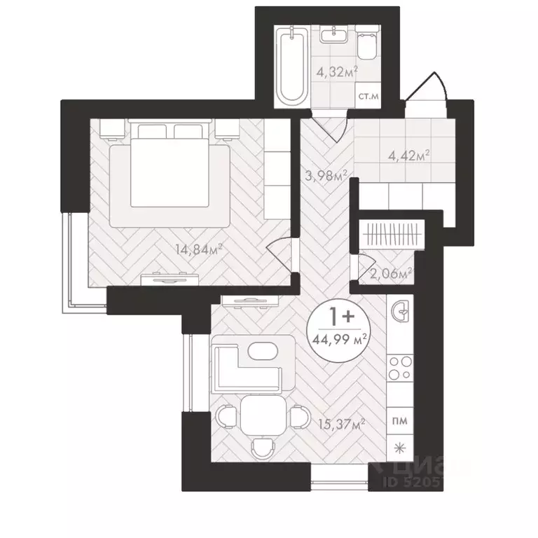 1-к кв. Башкортостан, Уфа Южный-2 мкр,  (44.99 м) - Фото 1