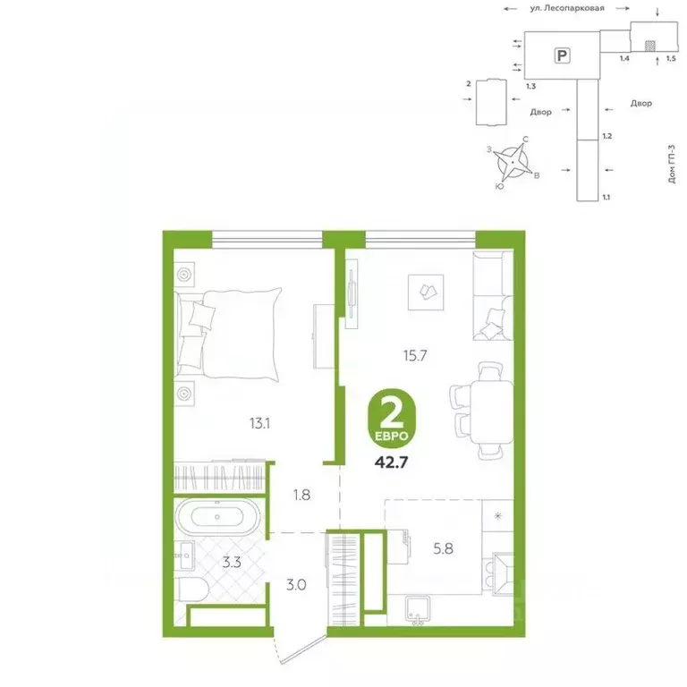 2-к кв. Тюменская область, Тюмень ул. Лесопарковая, 22 (42.7 м) - Фото 1