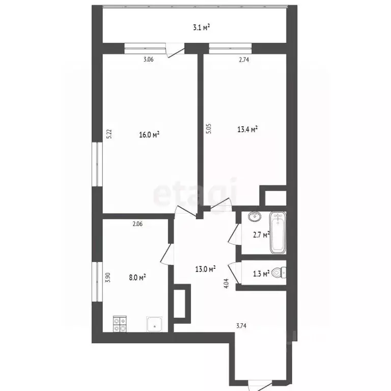 2-к кв. Тюменская область, Тюмень Первомайская ул., 44 (53.4 м) - Фото 1
