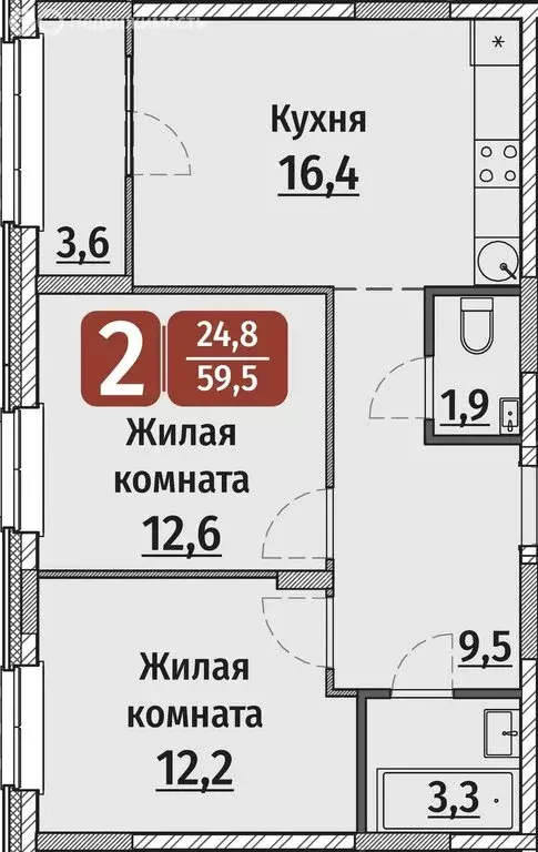 2-комнатная квартира: Чебоксары, улица Энергетиков, поз6 (59.5 м) - Фото 0