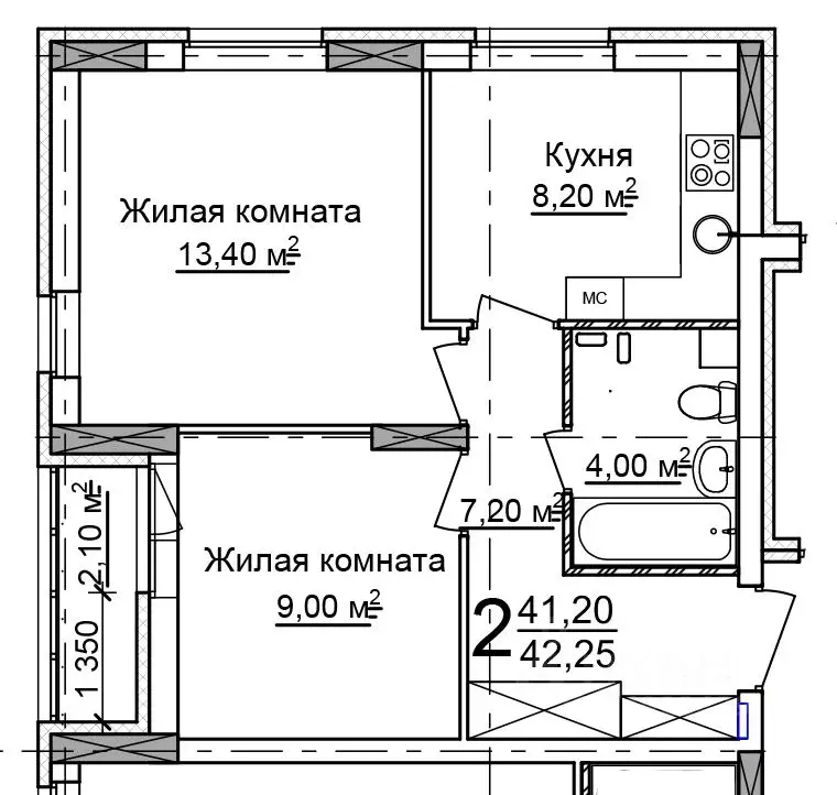 2-к кв. Нижегородская область, Нижний Новгород 52-й кв-л,  (42.25 м) - Фото 0