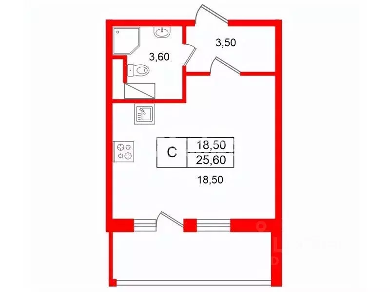 Студия Санкт-Петербург ул. Плесецкая, 16 (25.6 м) - Фото 2