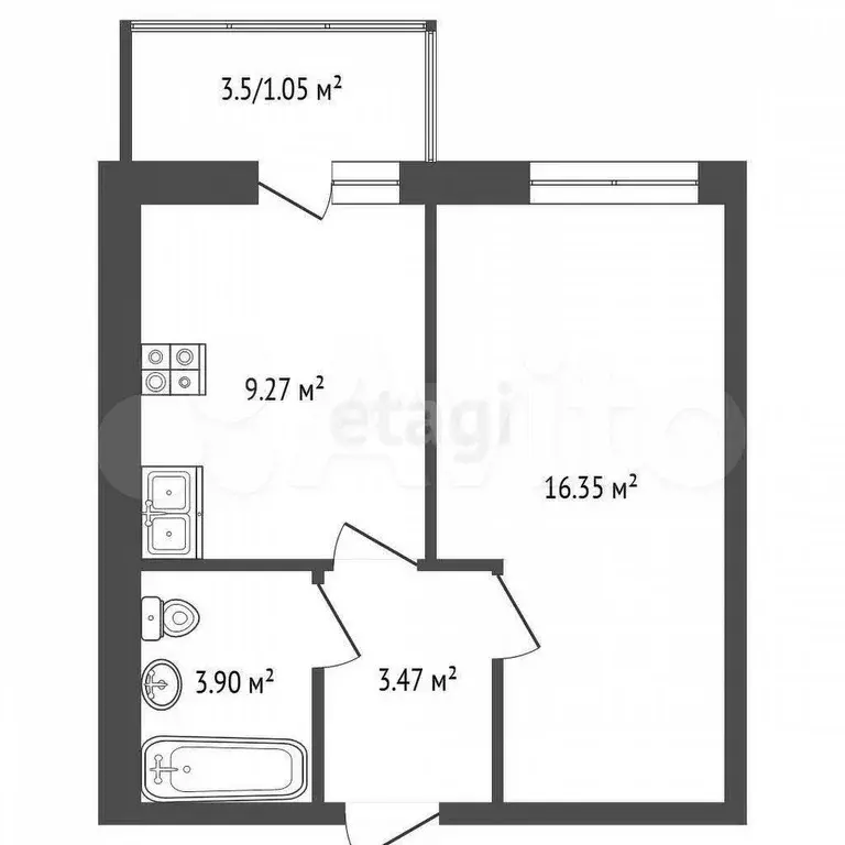 1-к. квартира, 33,7 м, 3/4 эт. - Фото 0