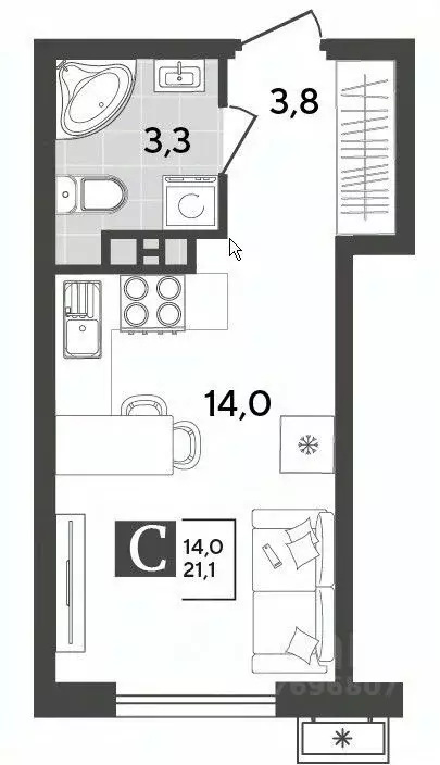 Студия Краснодарский край, Новороссийск ул. Красина, 53 (21.0 м) - Фото 2