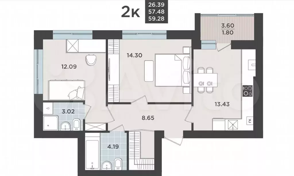 2-к. квартира, 57,5 м, 4/9 эт. - Фото 1