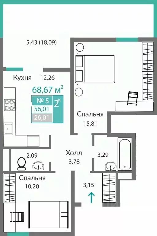 2-к кв. Крым, Симферополь Горизонты жилой комплекс (56.01 м) - Фото 0