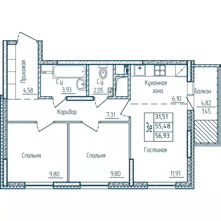 2-к кв. Мордовия, Саранск Центр жилрайон,  (56.93 м) - Фото 1