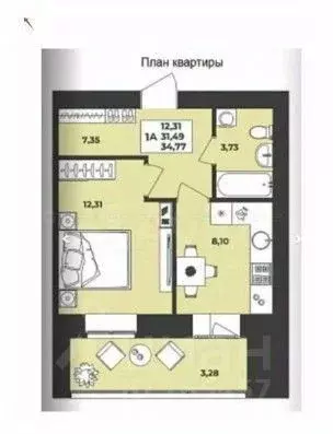 1-к кв. Татарстан, с. Высокая Гора ул. Егорова, 4 (34.0 м) - Фото 2