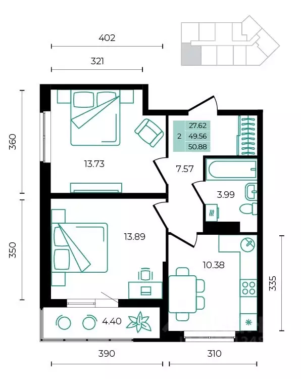 2-к кв. Адыгея, Майкопский район, пос. Тульский  (50.88 м) - Фото 0