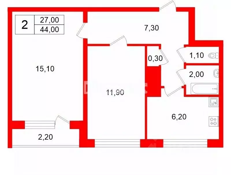 2-к кв. Санкт-Петербург ул. Жени Егоровой, 5К1 (44.0 м) - Фото 1