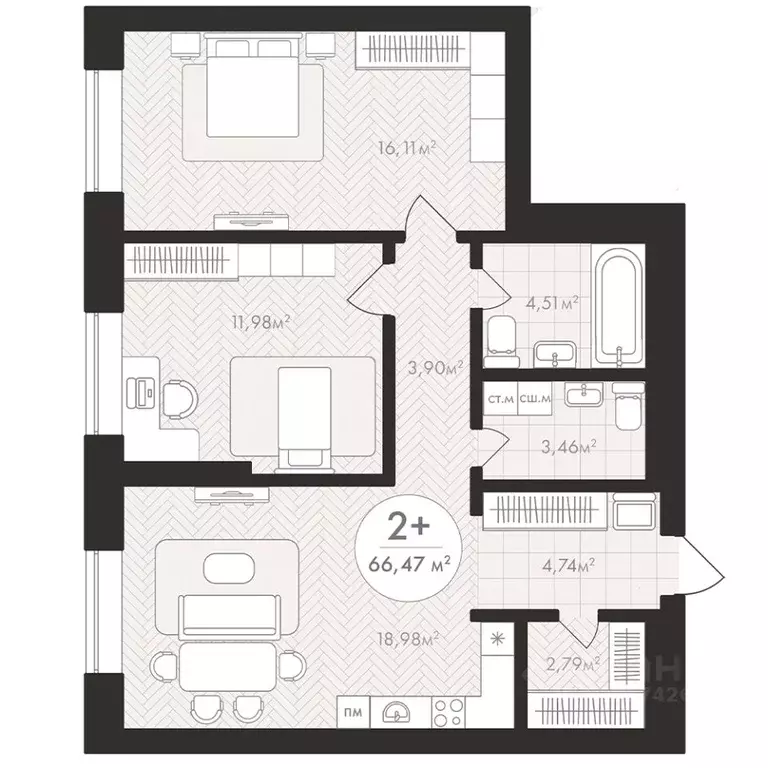 2-к кв. Башкортостан, Уфа Южный-2 мкр,  (66.47 м) - Фото 1