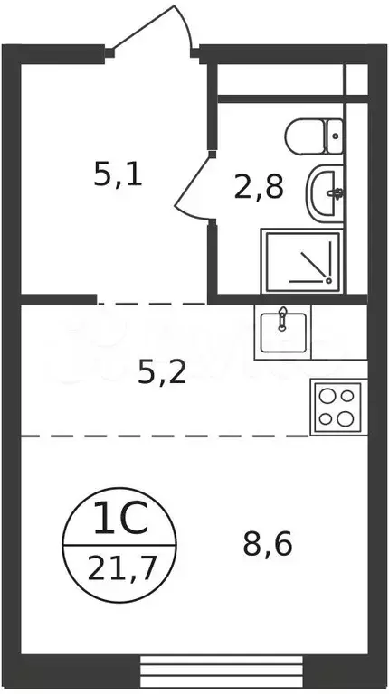 Квартира-студия, 21,7 м, 7/9 эт. - Фото 0