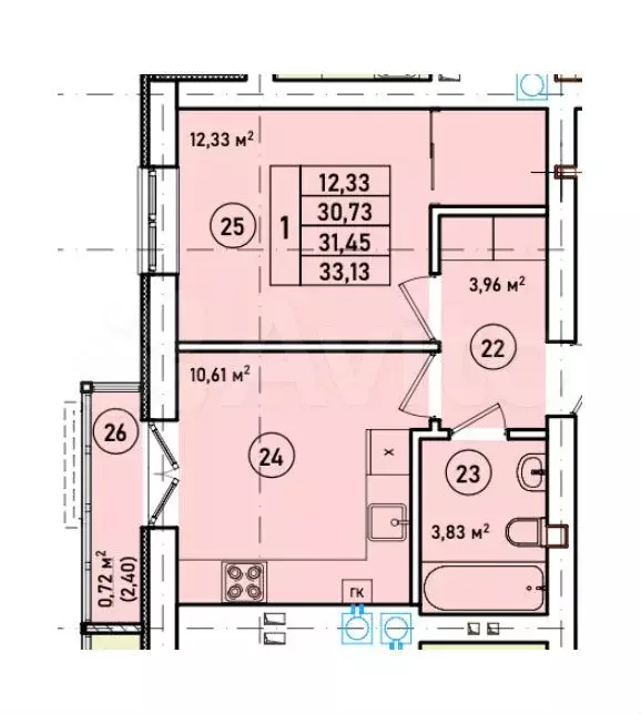 1-к. квартира, 31,4 м, 6/7 эт. - Фото 1