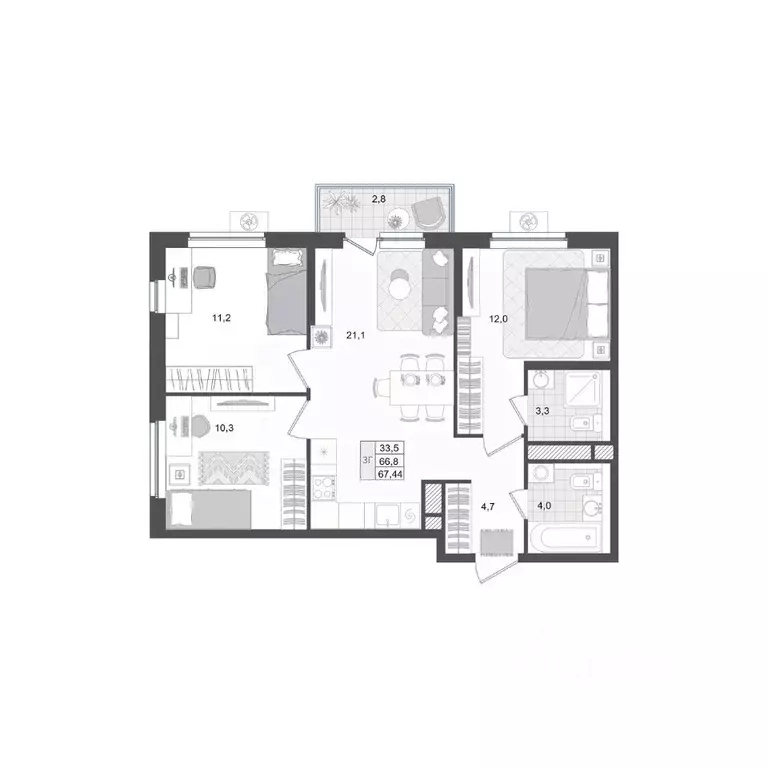 3-к кв. Тверская область, Тверь Лесная Мелодия-3 жилой комплекс (67.47 ... - Фото 1