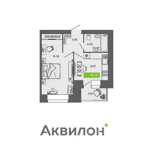 1-к кв. Архангельская область, Северодвинск  (34.1 м) - Фото 0