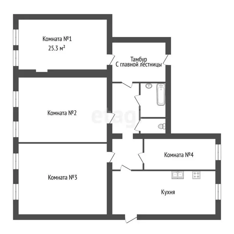 1к в 4-комнатной квартире (25.3 м) - Фото 0