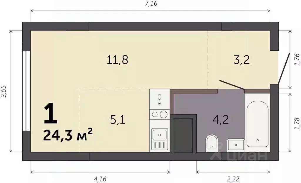 Студия Свердловская область, Екатеринбург Южный жилрайон,  (24.3 м) - Фото 1
