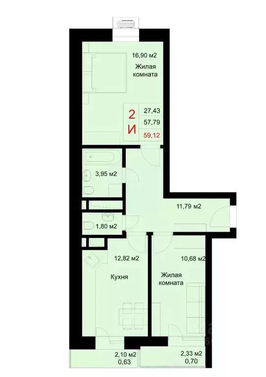 2-к кв. Татарстан, Казань ул. Рауиса Гареева, 78Б (59.12 м) - Фото 0