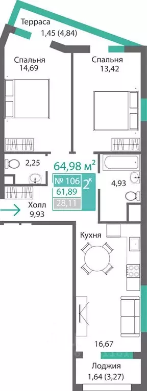 2-к кв. Крым, Симферополь Крымская роза мкр,  (64.98 м) - Фото 0
