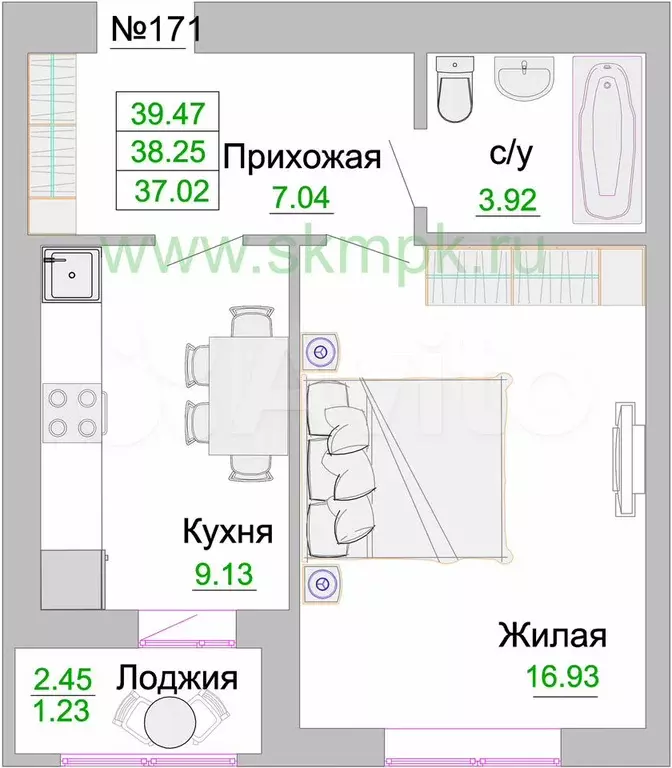 2-к. квартира, 38,3 м, 5/9 эт. - Фото 1