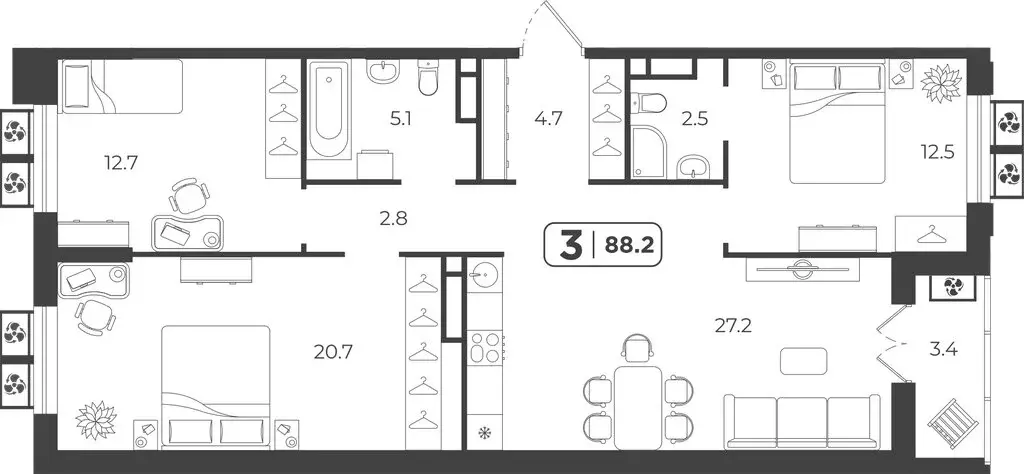 3-комнатная квартира: Тюмень, Холодильная улица, 31к1 (92 м) - Фото 1
