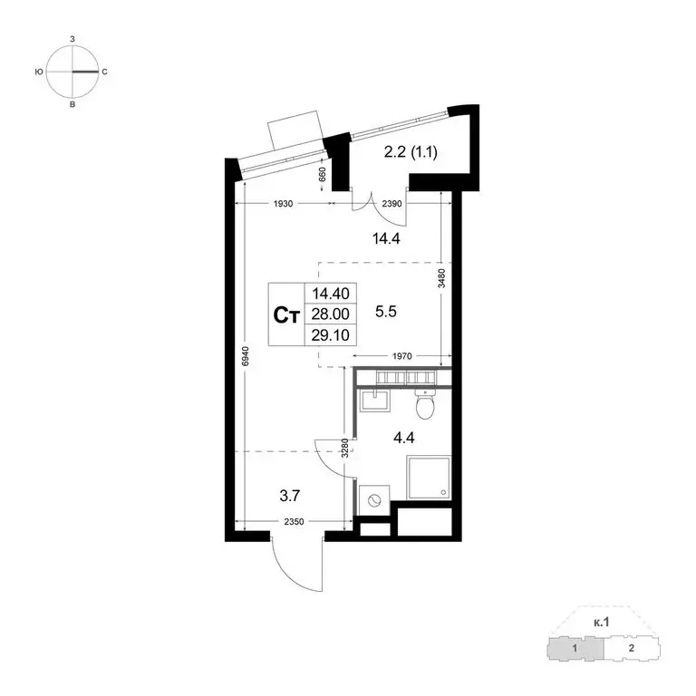 Квартира-студия: посёлок городского типа Красково, улица Лорха, 14к1 ... - Фото 1