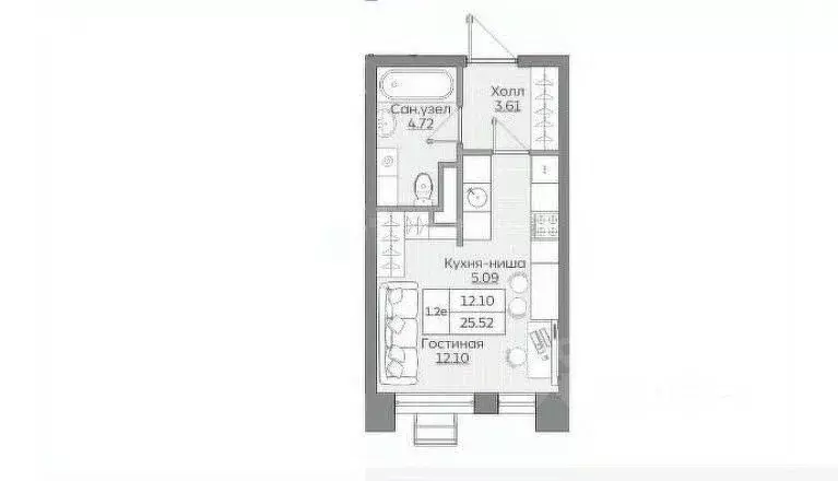 Студия Татарстан, Казань Батталовский жилой комплекс (25.52 м) - Фото 2