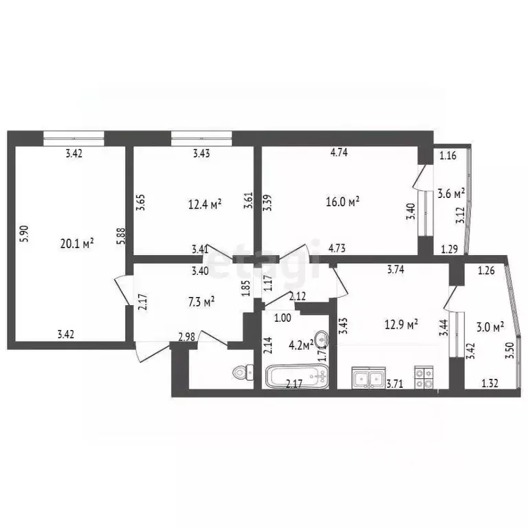 3-к кв. Краснодарский край, Краснодар ул. Западный обход, 39/1к5 (77.0 ... - Фото 2