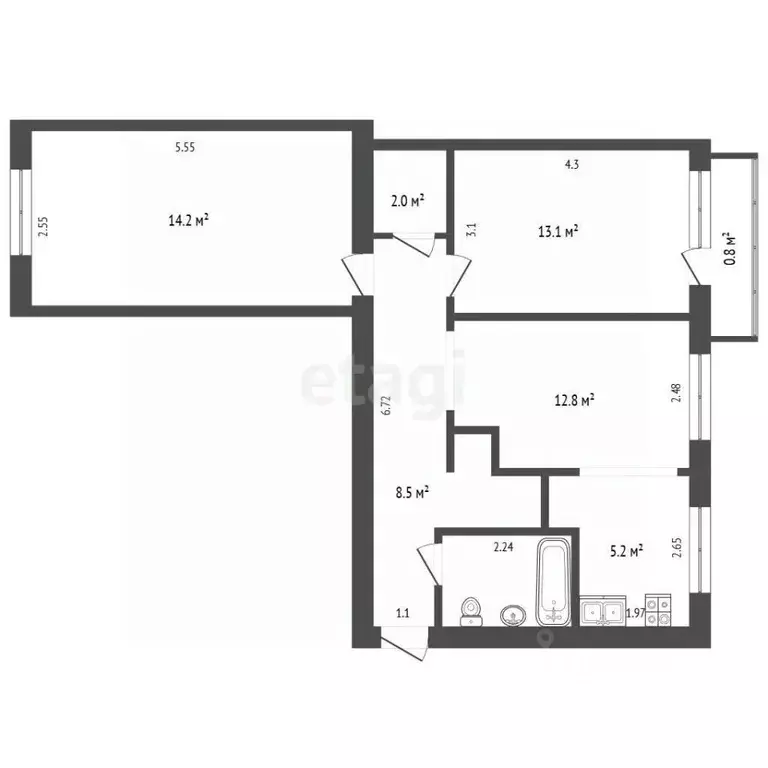 3-к кв. Башкортостан, Стерлитамак ул. Шаймуратова, 13 (58.6 м) - Фото 2