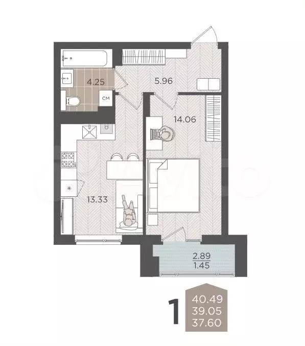 1-к. квартира, 40,5 м, 7/9 эт. - Фото 1