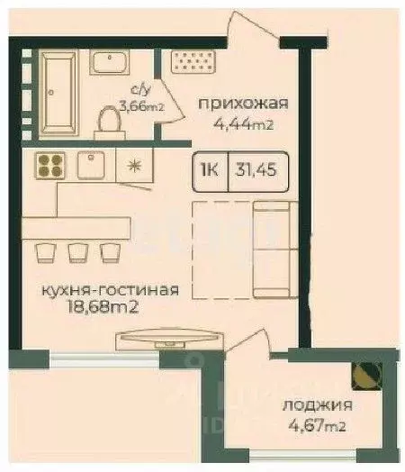 Студия Дагестан, Каспийск просп. Акулиничева (31.45 м) - Фото 0
